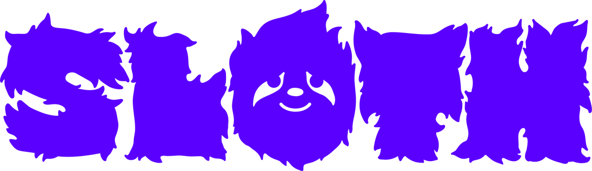 SLOTH Storytelling wordmark — furry purple letters with a sloth face in the O